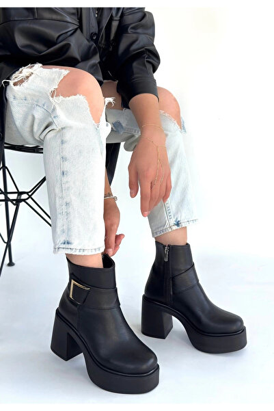 ZENGEZUR MALL Nrzsnt Lonji Black Leather Heeled Boots (02359) (Size: 39)