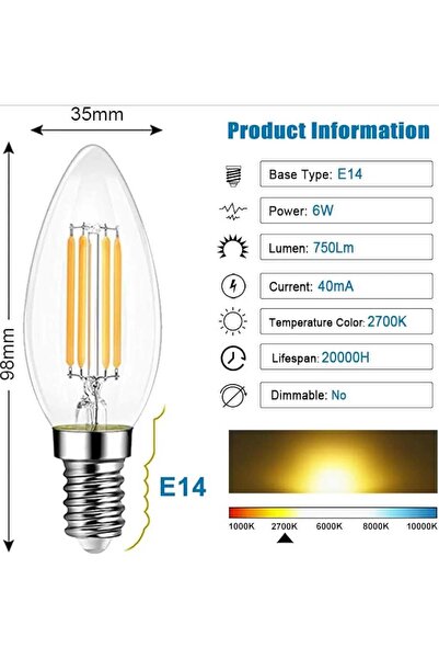 EXTRASTAR E14 LED Filament Candle Bulbs 6W (750LM) C35 SES, Warm White 2700K, Pack of 6