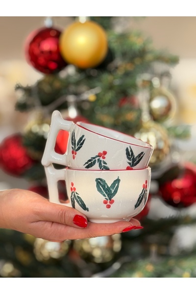 MeGgDecor 200ml Noel Yapraklı Seramik Kupa