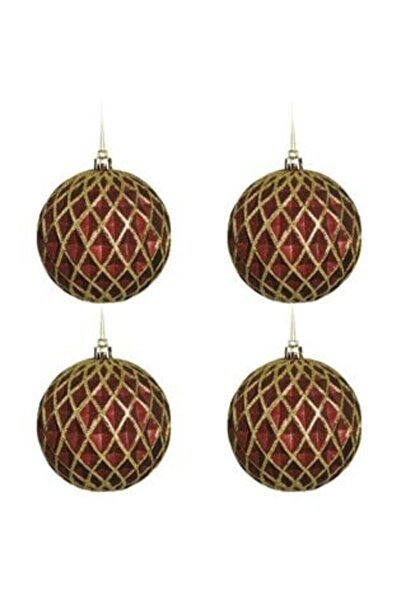 Jumbo Christmas Bauble Set - Burgundy with Embossed Diamond Pattern, Matte & Gold Glitter, Ø10 cm - 4 pcs