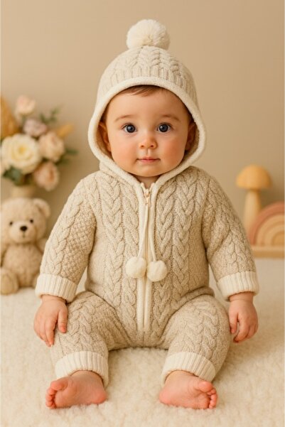 Superbaby Thick knitted jumpsuit with hood for babies – cream model, winter
