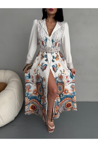 WellWay Atlas Fabric Floral Print Shirt Collar Button Detail White Dress (Include Belt)-2502