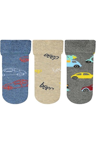 SEMOOR 3'lü Araba Desenli Havlu Tabanlı Kaydırmaz Baskılı Erkek Bebe Çorabı