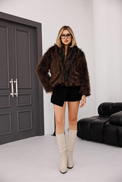 EsSo butik New Season Bitter Coffee Double-Breasted Collar Premium Faux Fur Coat
