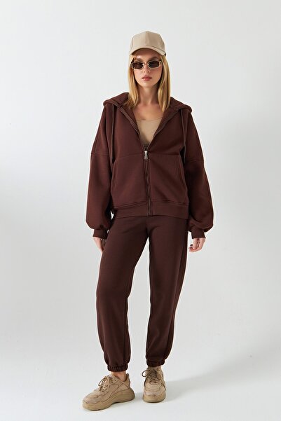 The Champ Clothing Women's Oversized Tracksuit Set with Drawstring Brown – Zippered, Hooded , Elasticated Legs, 3 Thread Pol