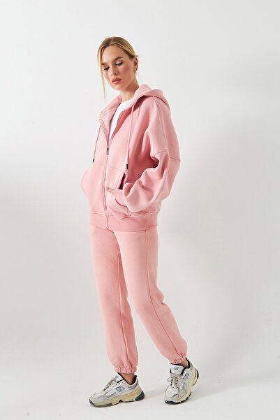 The Champ Clothing Women's Oversized Tracksuit Set Pink with Drawstring – Zippered, Hooded , Elasticated Legs, 3 Thread Fleece