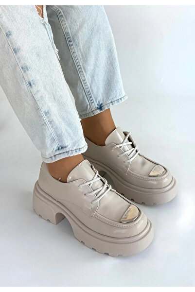 ZENGEZUR MALL Lvsqvr Kiya Beige Patent Leather Wedge Heel Oxford Shoes (235442) (Size: 36)