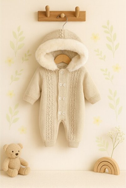 Superbaby Thick cream jumpsuit for babies – Knitted, with fluffy hood and buttons