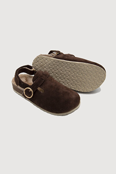 Beybium Genuine Suede Leather Cork Sole Children's Fur Sandals Brown