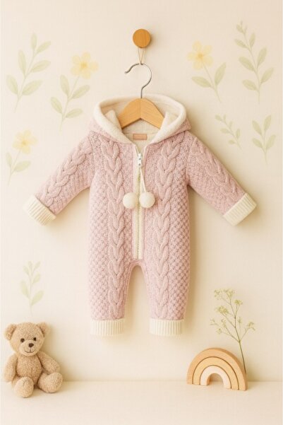 Superbaby Thick knitted pink jumpsuit with hood for girls – winter model
