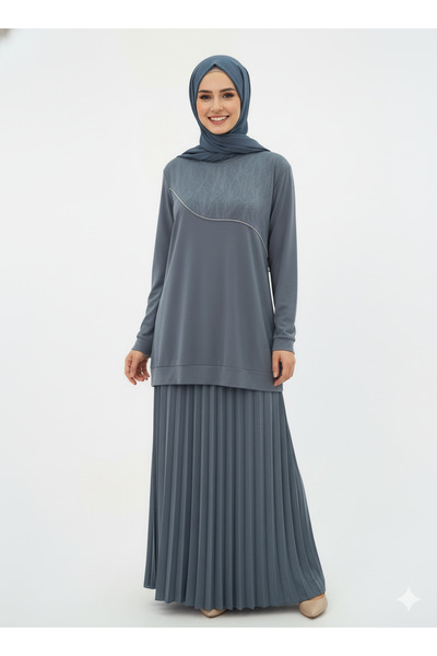 CELTMODA Women's Patterned Sand Crepe Blouse-Skirt Two-Piece Set - Gray