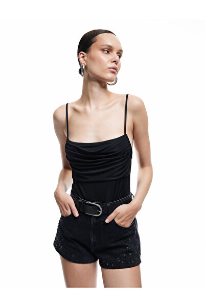 Koton Sandy Kumaş Slim Fit Draped Thin Strap Bodysuit