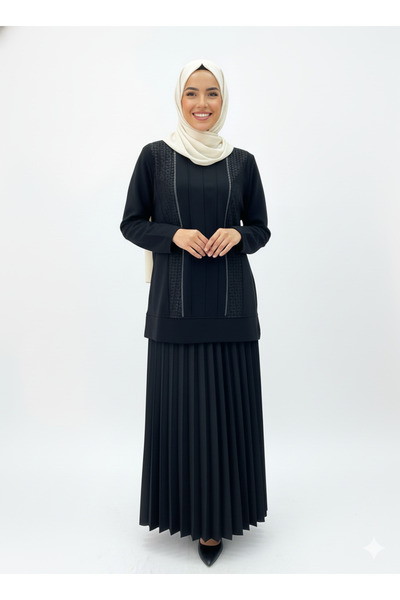 CELTMODA Women's Stripe Patterned Stone Scuba Hijab Skirt Set - Black Ll