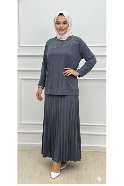 CELTMODA Women's Stone Detail Patterned Blouse-Skirt Hijab Two-Piece Set - Gray