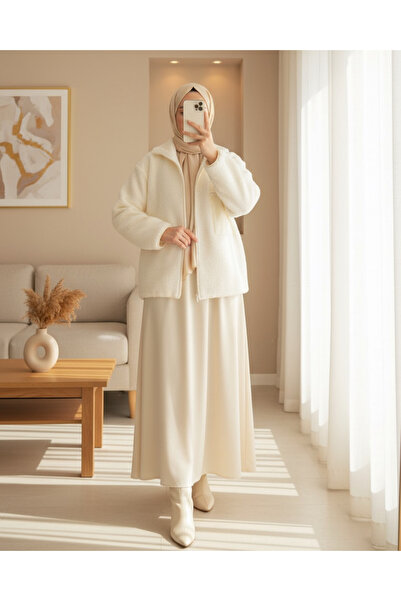 Modamorfo 55446 Zippered Oversize Plush Coat - Beige