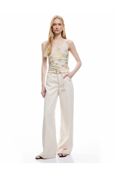 Koton Palm Tree Patterned V-Neck Sleeveless Draped Blouse