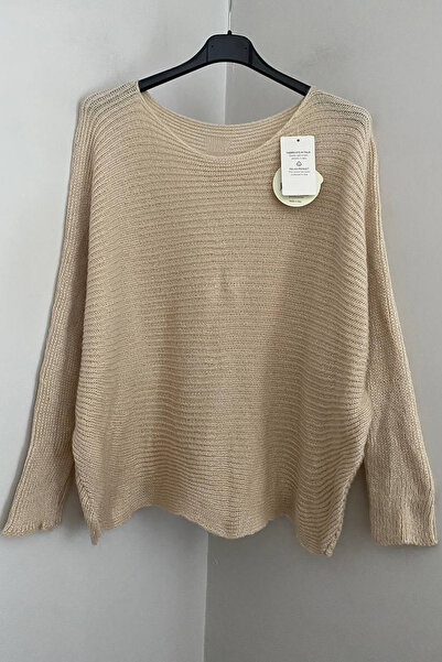 AYASOFYA OTANTIK Women's Italian Beige Plain Pattern Back Button Detailed Casual F Corded Fabric Sweater Blouse