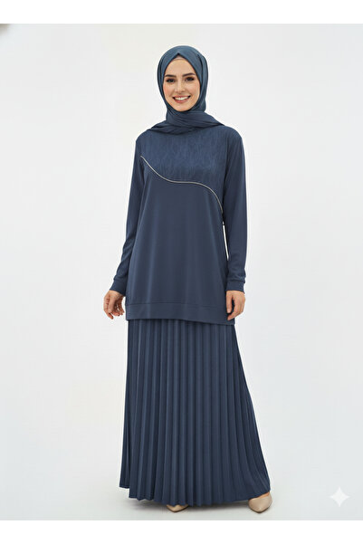 CELTMODA Women's Patterned Sand Crepe Blouse-Skirt Two-Piece Set - Navy Blue