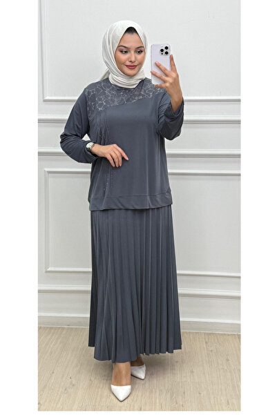 CELTMODA Women's Stone Detail Patterned Blouse-Skirt Hijab Two-Piece Set - Gray