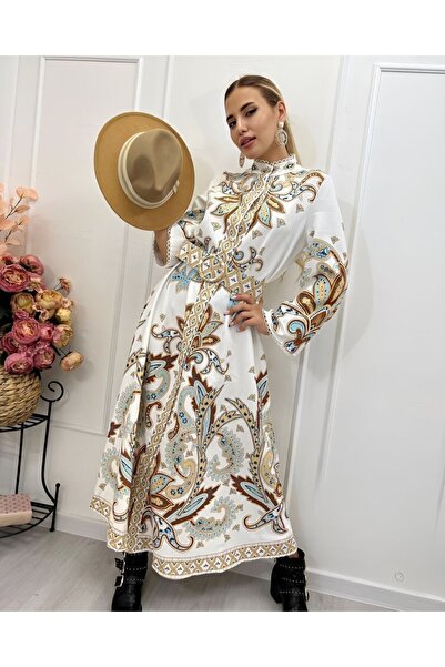 WellWay Rochie maro cu model floral din țesătură Atlas, cu guler de cămașă, cu detaliu de nasturi (CUREA INCLUSĂ)-4235