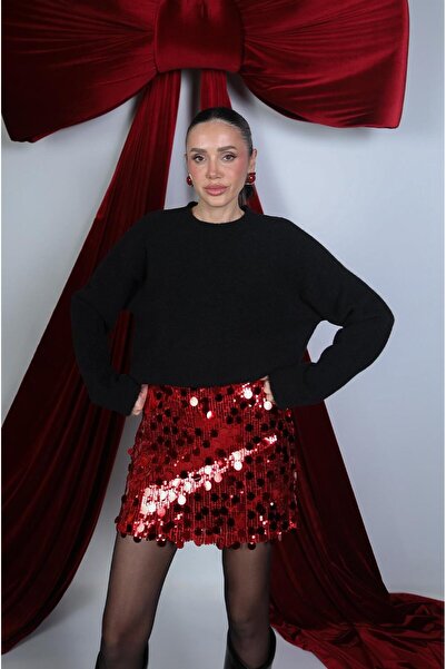 Havoş Red Sequined Mini Skirt