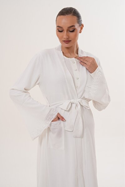 Lohussa Ecru Woven Dressing Gown Full Length Flounce Sleeve Lace Special Design Maternity Dressing Gown Nightgown Set