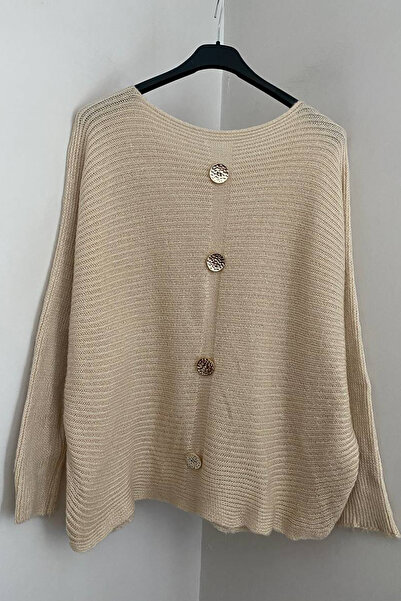 AYASOFYA OTANTIK Women's Italian Beige Plain Pattern Back Button Detailed Casual F Corded Fabric Sweater Blouse