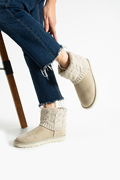 LORENN SHOES Mini Beige Knitted Knitwear Women's Boots with Fur Inside and Flat Sole