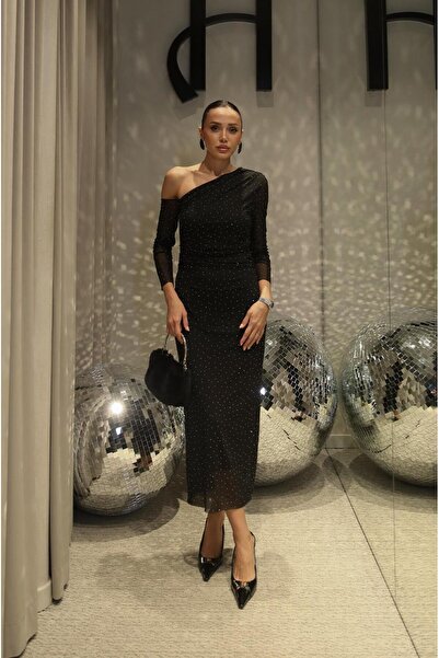 Havoş Rochie din tul cu guler încrucișat brodat cu piatră neagră