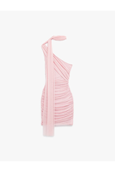 Koton One Shoulder Draped Halter Tulle Mini Evening Dress