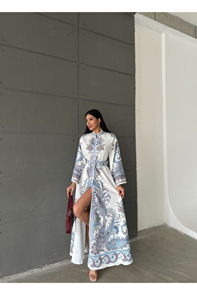 WellWay Atlas Fabric Floral Patterned Shirt Collar Button Detailed White Dress (Belt Included)-4235