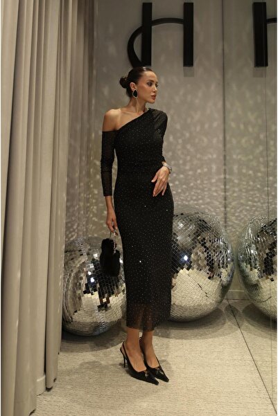 Havoş Rochie din tul cu guler încrucișat brodat cu piatră neagră