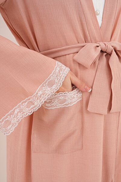 Lohussa Dark Salmon Woven Full-Length Gown with Flared Sleeves, Special Design Maternity Nightgown Set