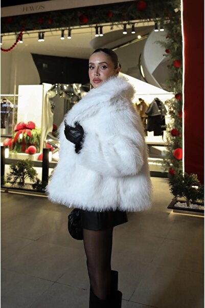 Havoş Ecru Glitter Faux Fur Coat
