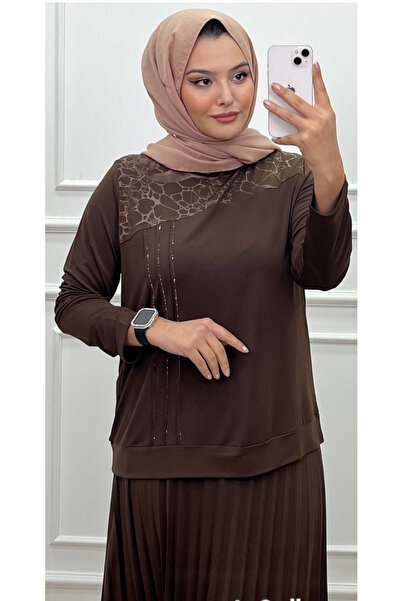 CELTMODA Women's Stone Detail Patterned Blouse-Skirt Hijab Two-Piece Set - Brown