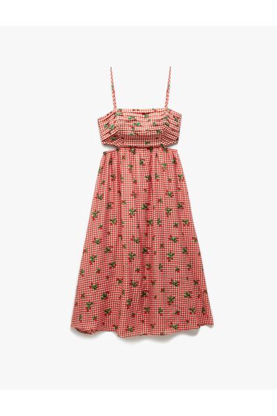 Koton Viscose Lined Window Detailed Gingham Strawberry Printed Thin Strap Dress