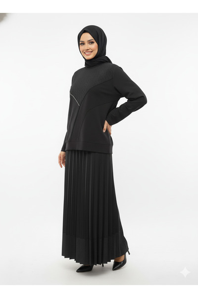 CELTMODA Women's Patterned Stone Scuba Crew Neck Hijab Skirt Set - Black