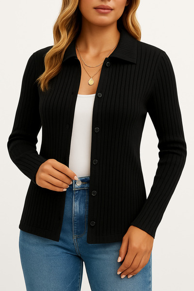 M&G PREMIUM BOUTIQUE Women's Black Basic Buttoned Slim Jacket – Casual Stylish Combination Long Sleeve Cardigan Model