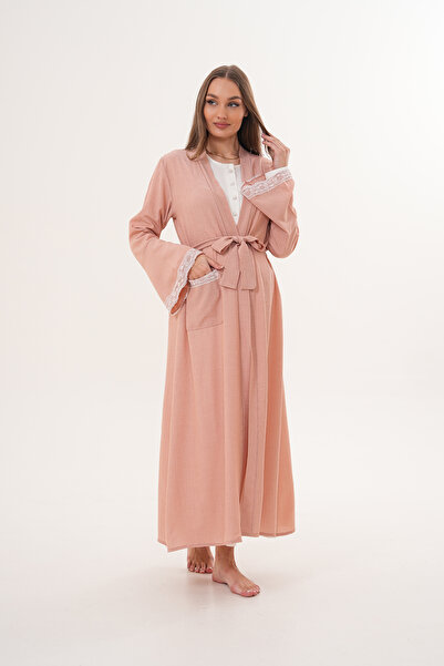Lohussa Dark Salmon Woven Full-Length Gown with Flared Sleeves, Special Design Maternity Nightgown Set