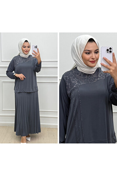 CELTMODA Women's Stone Detail Patterned Blouse-Skirt Hijab Two-Piece Set - Gray