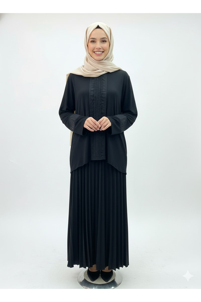 CELTMODA Women's Parachute Detail Sandy Skirt-Blouse Hijab Set - Black