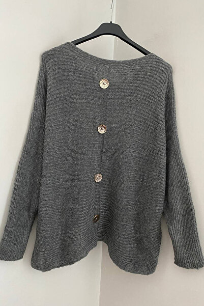 AYASOFYA OTANTIK Women's Italian Gray Plain Pattern Back Button Detailed Loose F Corded Fabric Sweater Blouse