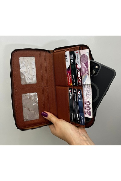 shiny ever Large Size Leather Women's Wallet Handbag with Phone Compartment, Tan Gold Detail