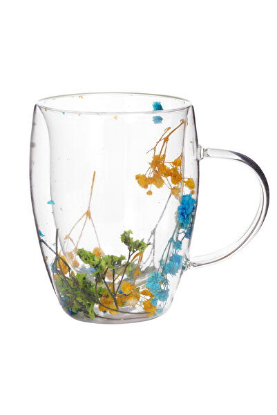 Malooki Glass mug with dried flowers – green, blue and yellow