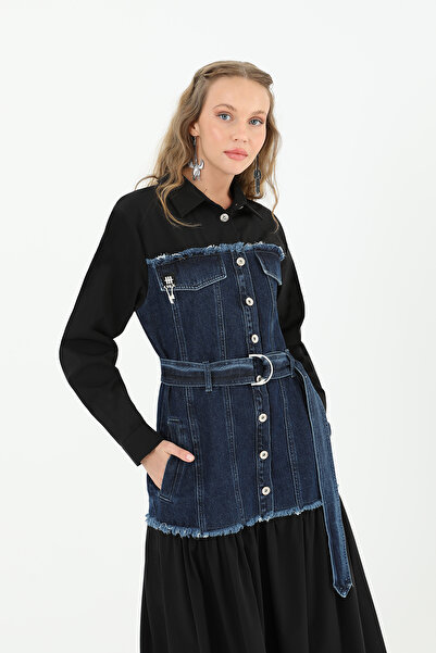 Modamorfo Μακρύ φόρεμα με λεπτομέρεια τζιν και ζώνη - 32008ELB