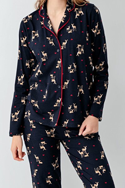 The Clover New Year's Themed Shirt Collar Navy Blue Women's Pajama Set Thc0L15Vr34Arn
