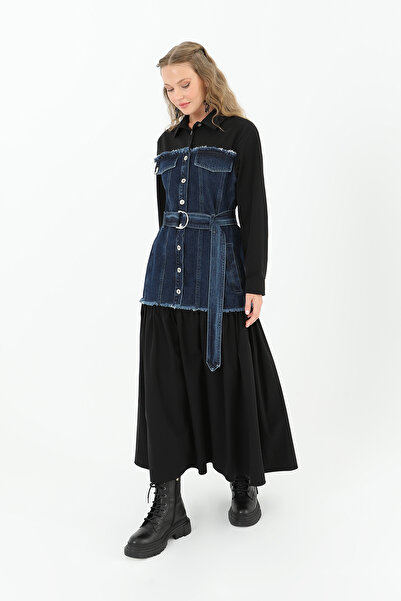 Modamorfo Μακρύ φόρεμα με λεπτομέρεια τζιν και ζώνη - 32008ELB