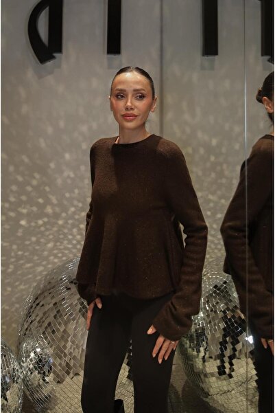 Havoş Brown Peplum Sequin Glitter Sweater