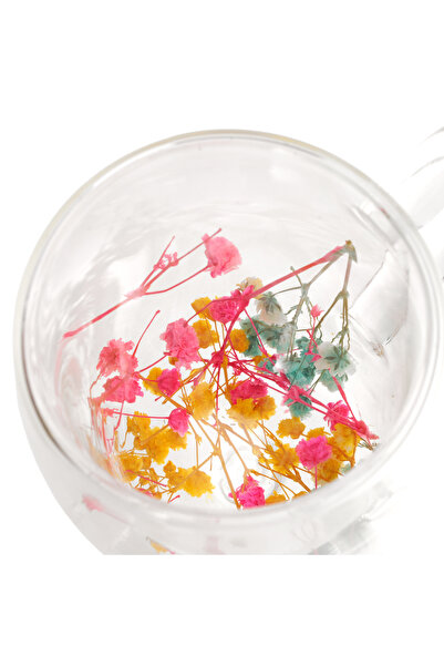 Malooki Glass mug with dried flowers – Blue, pink and yellow