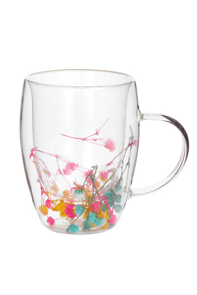 Malooki Glass mug with dried flowers – Blue, pink and yellow